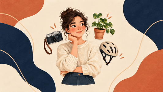 Illustration fictive d’un starter pack numérique : personnage entouré d’un appareil photo, d’une plante et d’un casque de vélo.